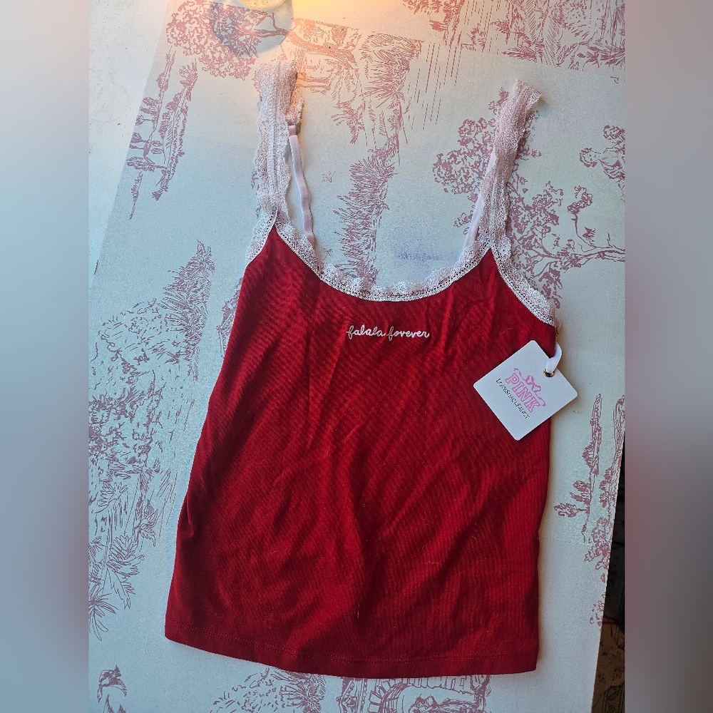LoveShackFancy PINK Red Tank with White Lace